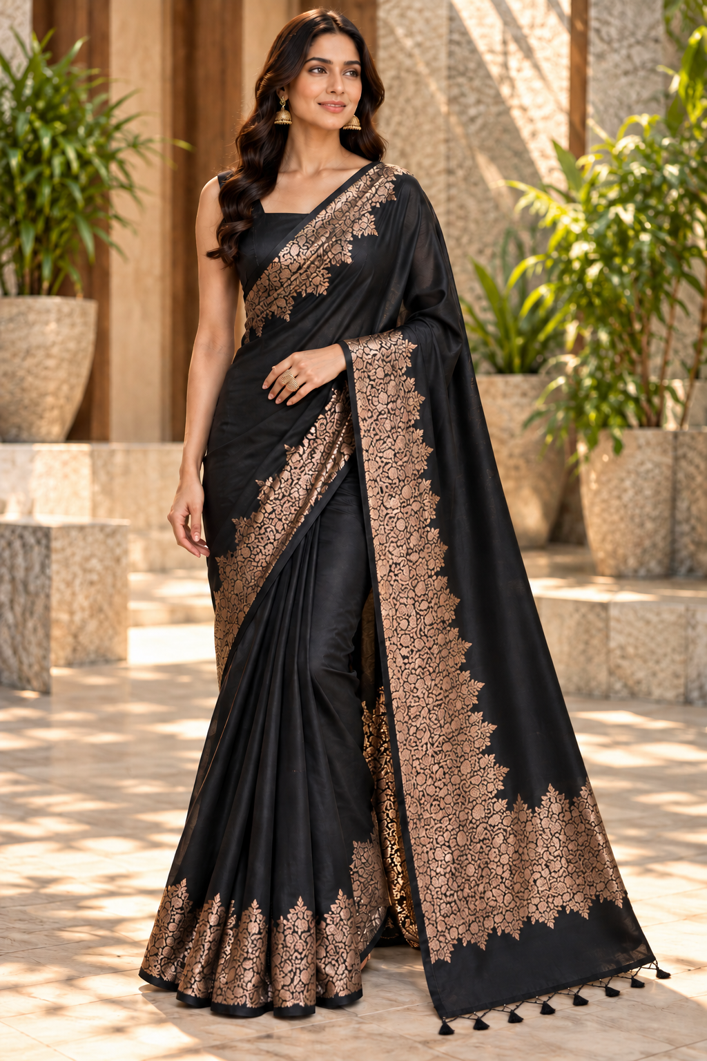 Black Noir Guldasta soft silk saree with antique-gold floral border and pallu