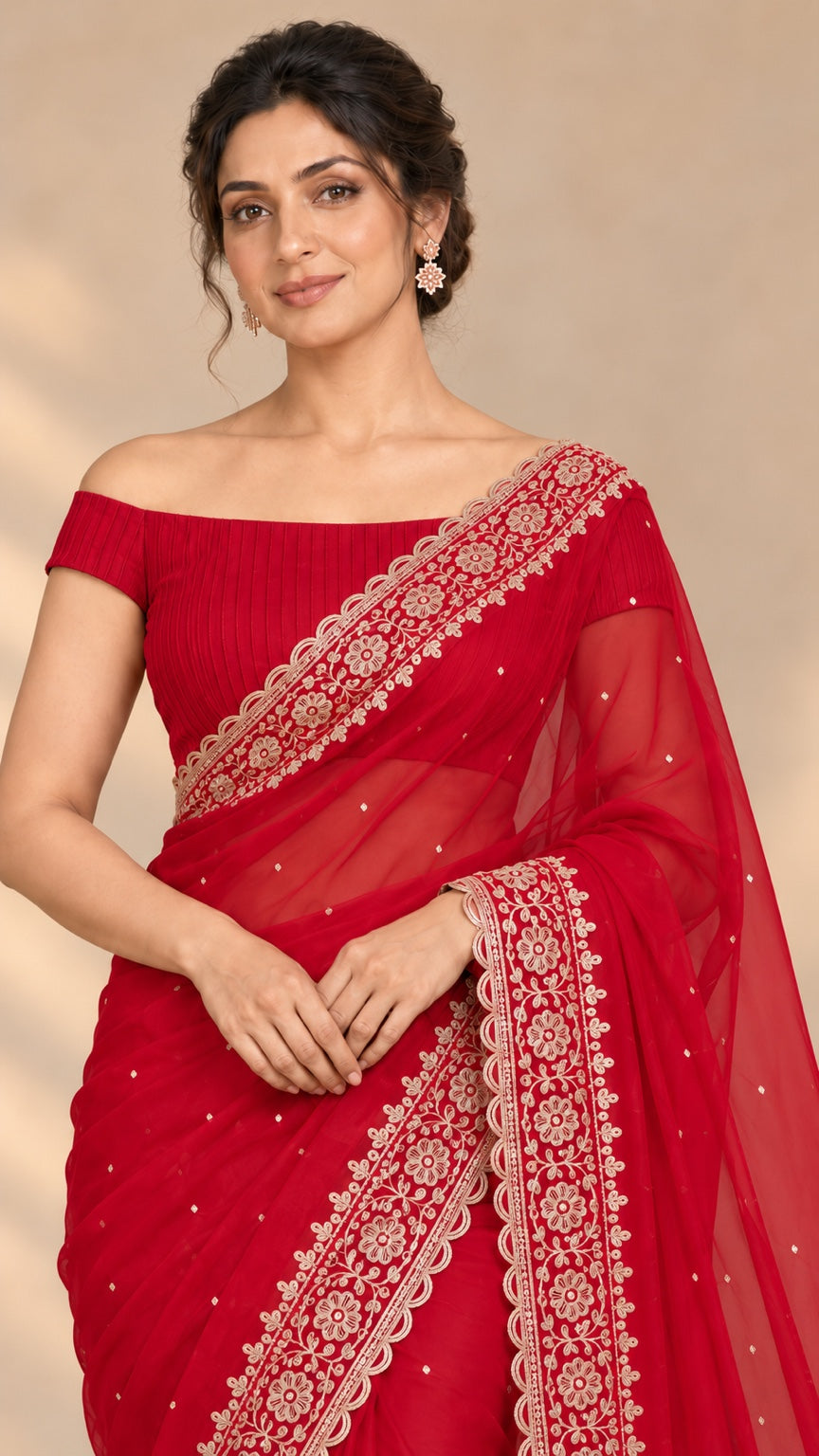 Red Reverie — Soft-Gold Floral-Border Curated Saree