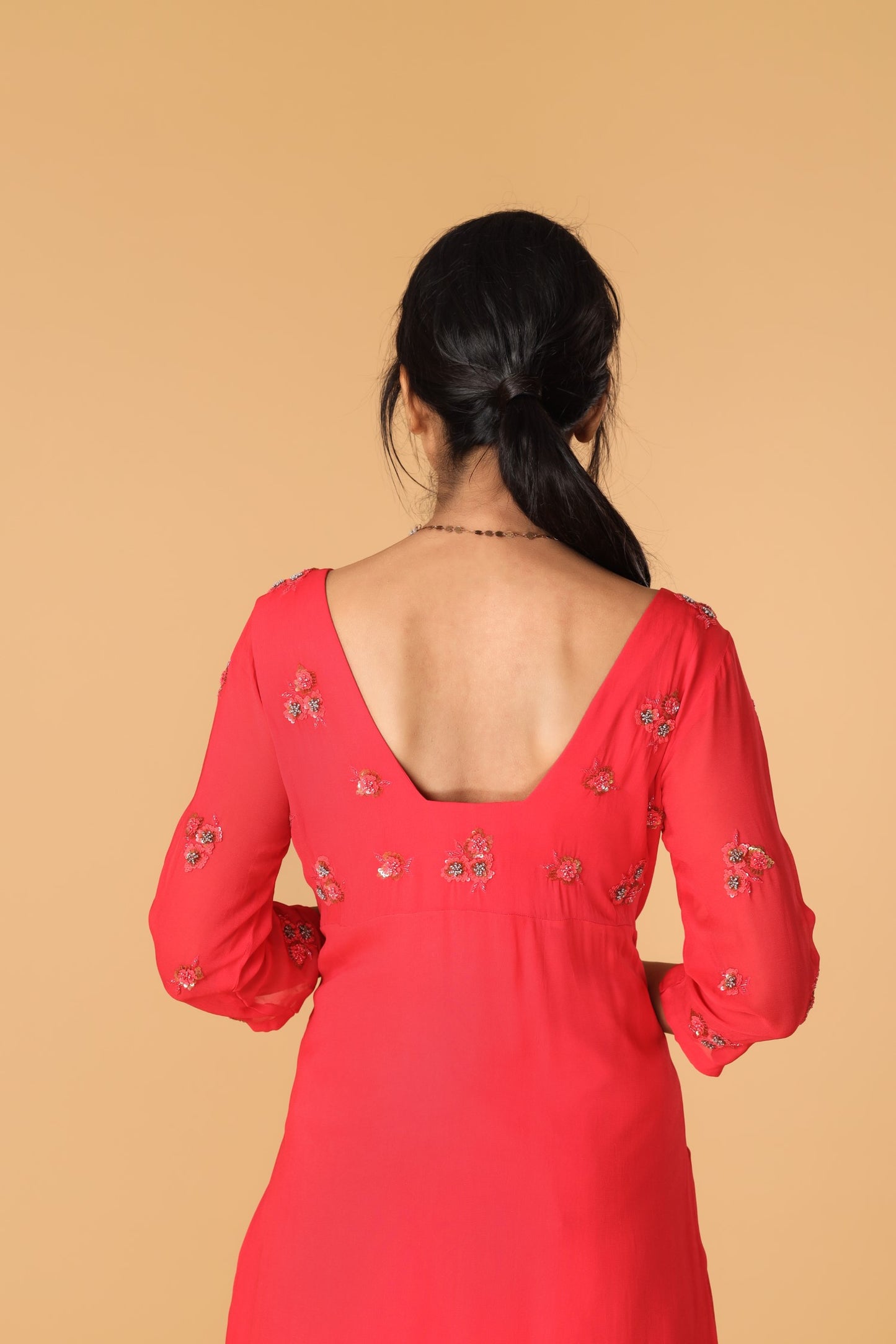 Hand Embroidered Pastel Red Pleated Kurta Set