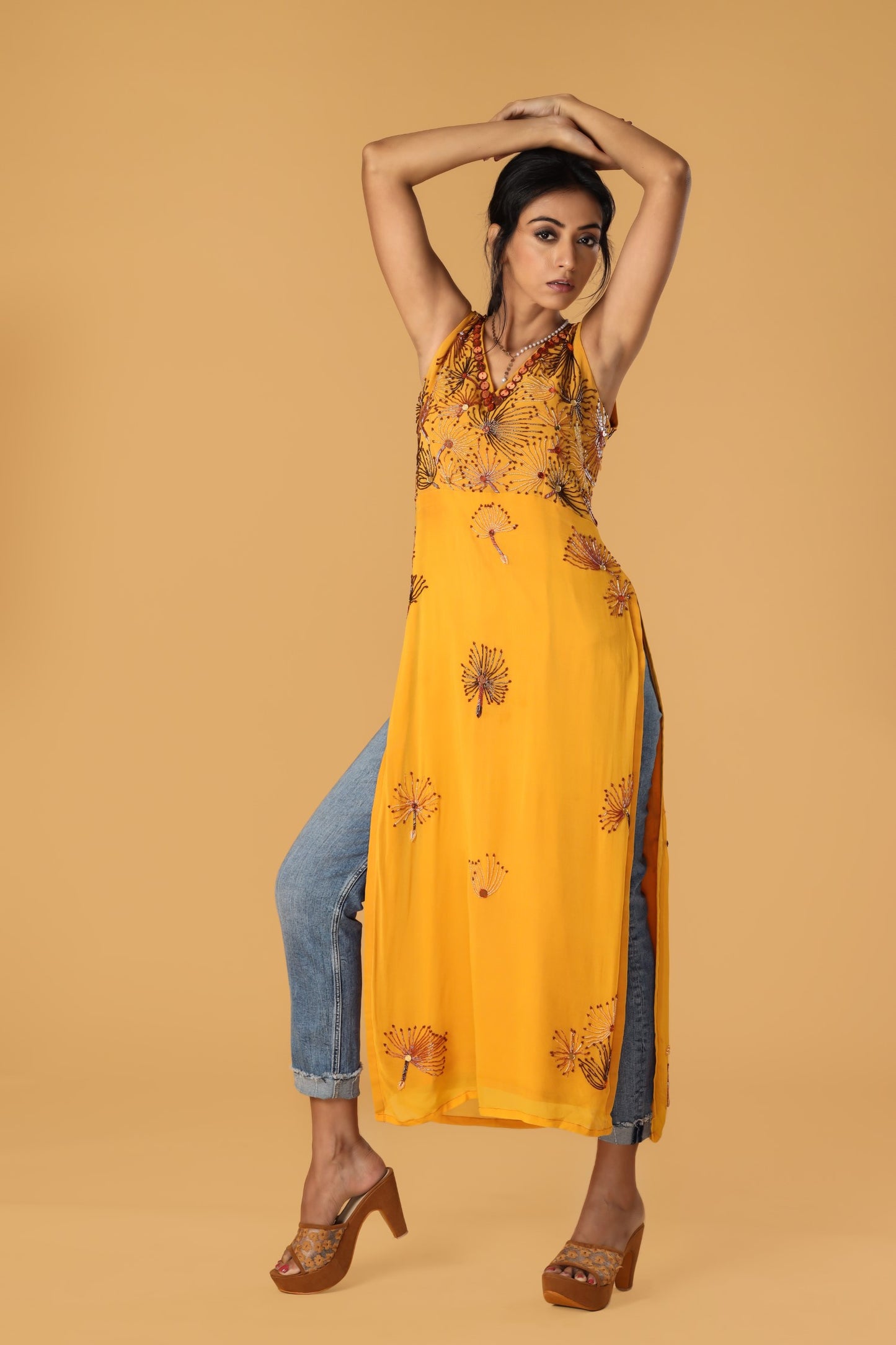 Playful Dandelion Hand Embroidered Yellow Kurta