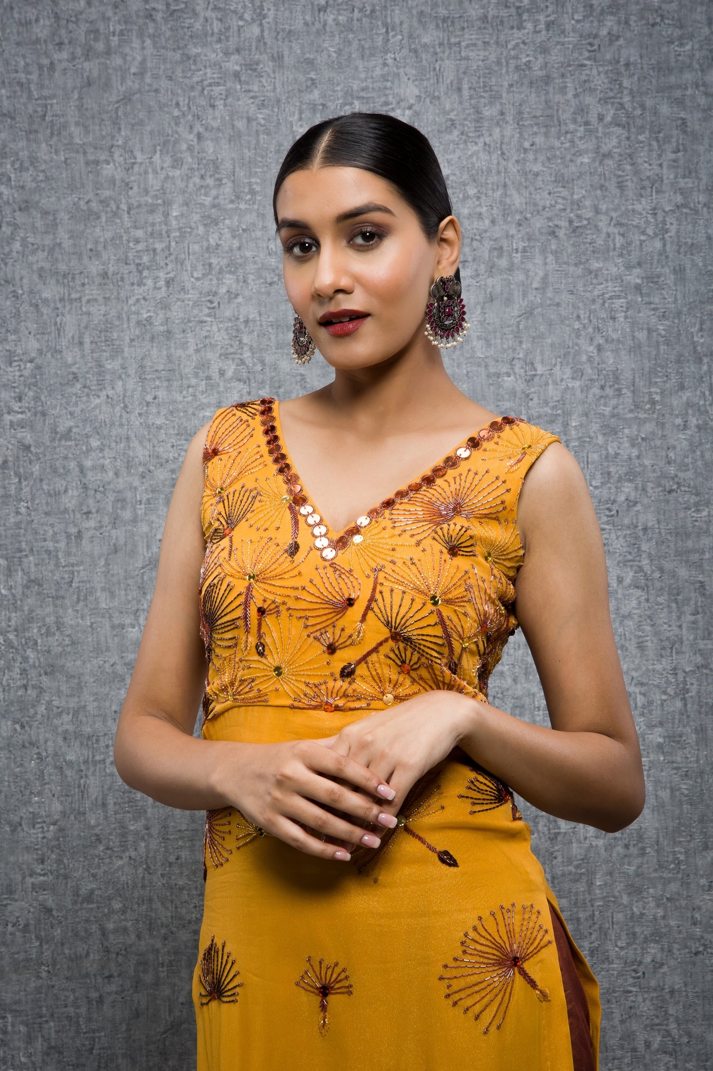 Playful Dandelion Hand Embroidered High Slit Kurta With Pant