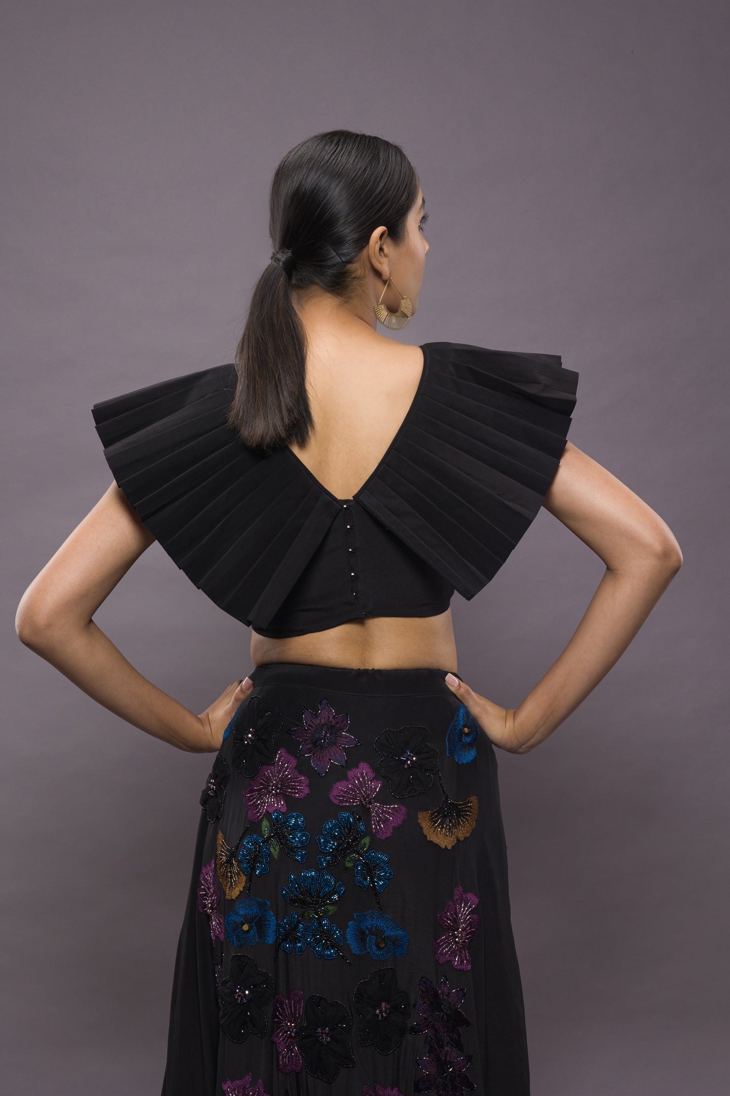 Midnight Garden Hand Embroidered Kali Lehenga and pleated Blouse Set