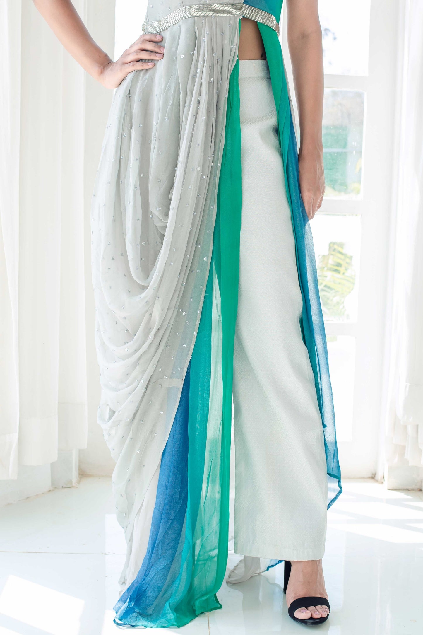 Sea Silver High Slit Cowl Top and Pant