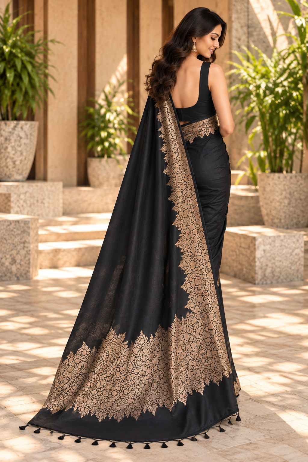 Black Noir Guldasta soft silk saree with antique-gold floral border and pallu