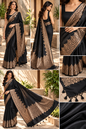  Black Noir Guldasta soft silk saree with antique-gold floral border and pallu