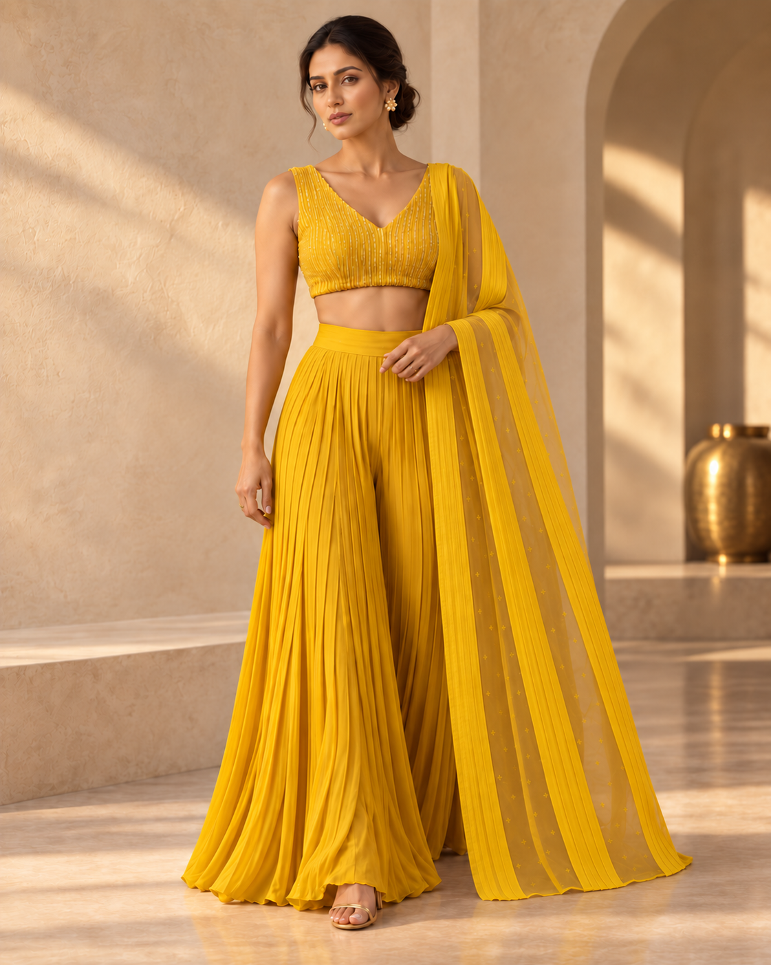 Solstice marigold pleated sharara set with pintuck cutdana blouse and dupatta