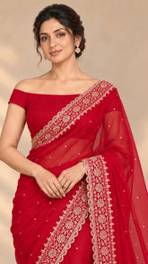 Red Reverie — Soft-Gold Floral-Border Curated Saree