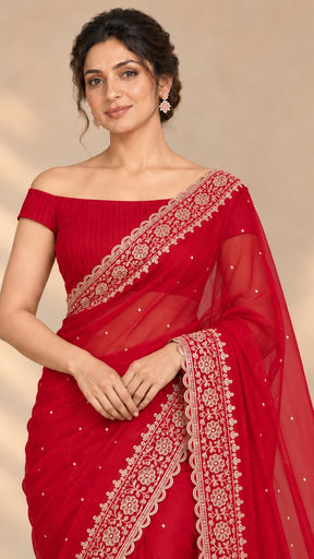 Red Reverie — Soft-Gold Floral-Border Curated Saree