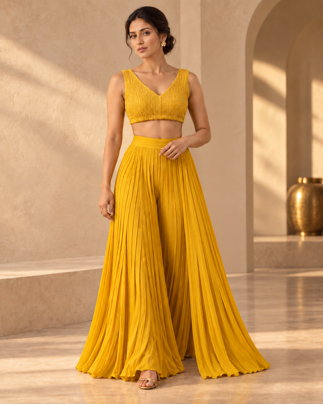Solstice marigold pleated sharara set by Label Swatii Madhukar