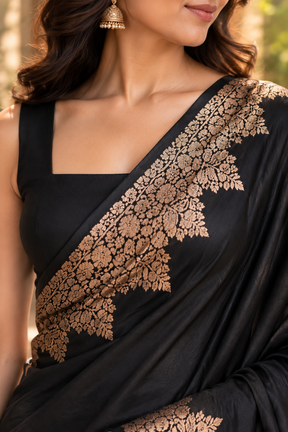  Black Noir Guldasta soft silk saree with antique-gold floral border and pallu