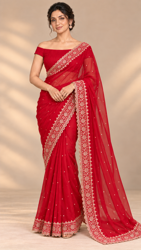 Red Reverie — Soft-Gold Floral-Border Curated Saree