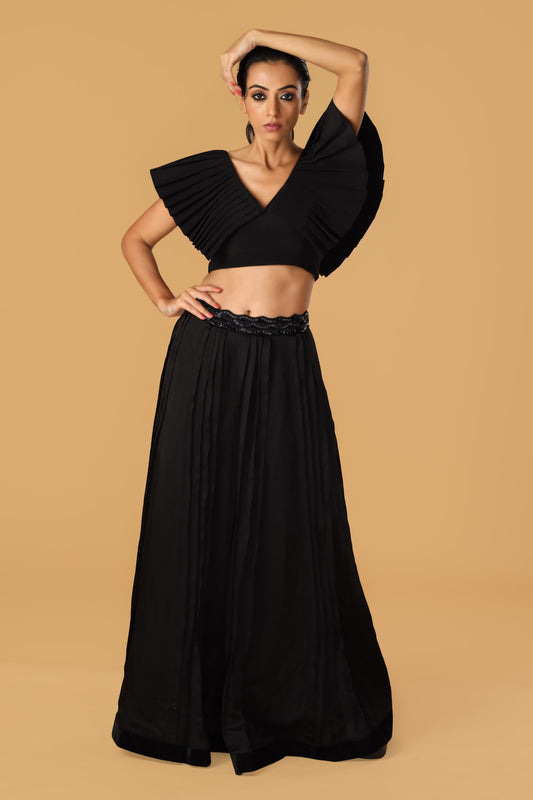 Black Hand Embroidered Scalloped Belt Pleated Co-ord Set