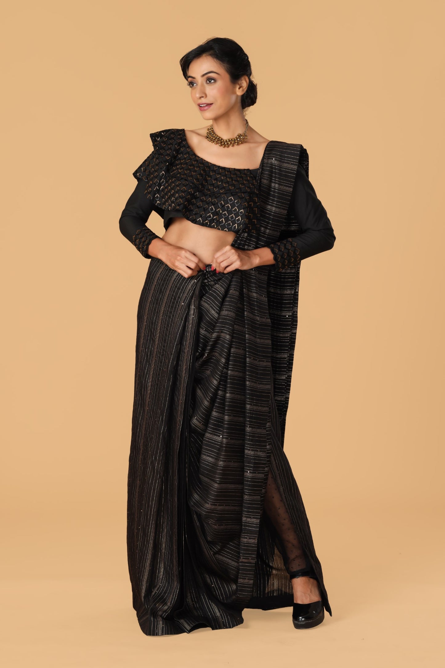 Black Hand Embroidered Tusser Silk Blouse With Pre Drape Saree & Pant