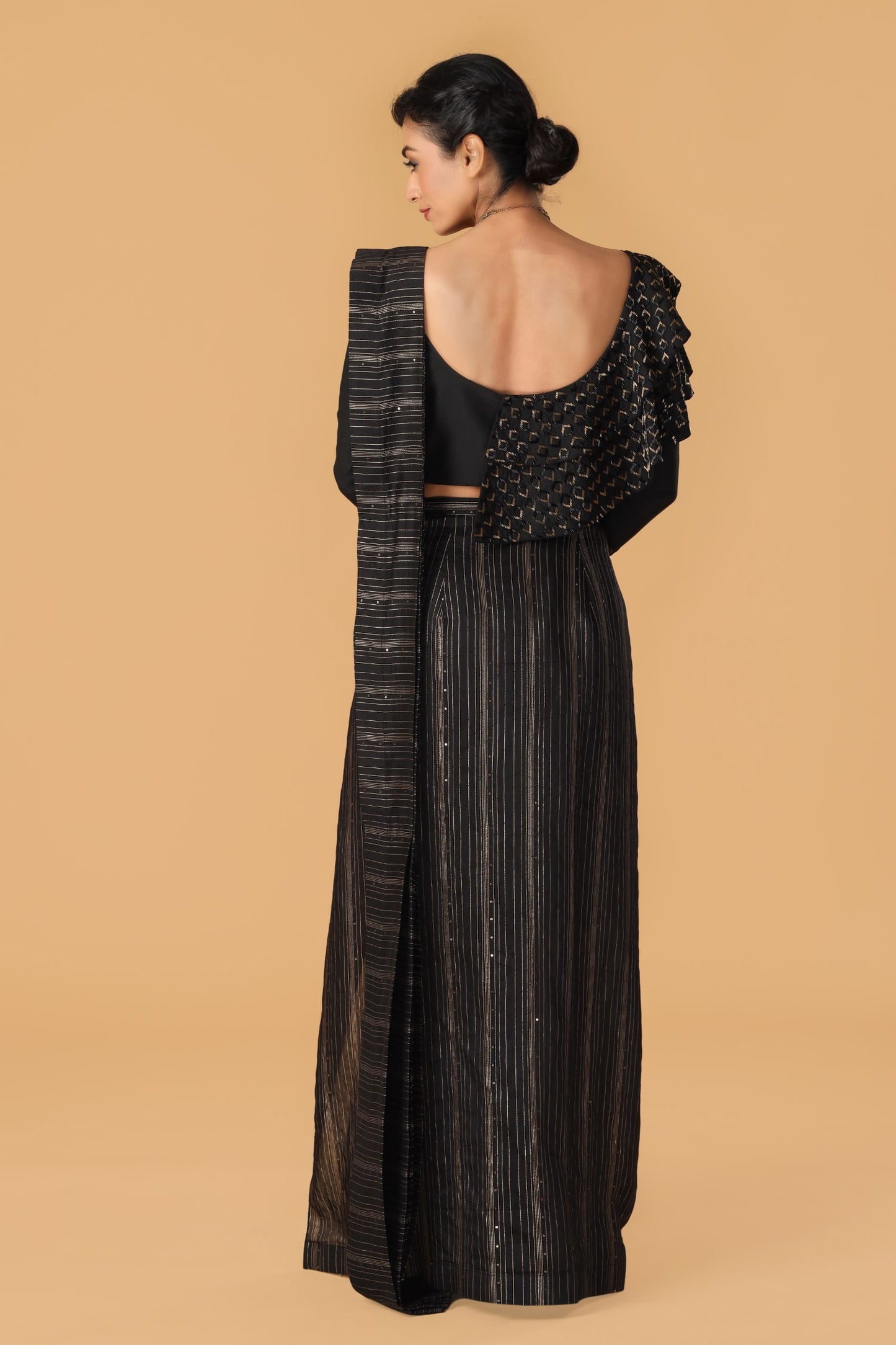 Black Hand Embroidered Tusser Silk Blouse With Pre Drape Saree & Pant