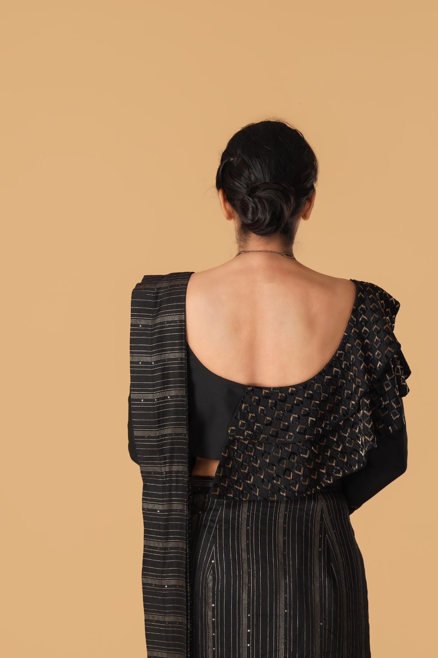 Black Hand Embroidered Tusser Silk Blouse With Pre Drape Saree & Pant