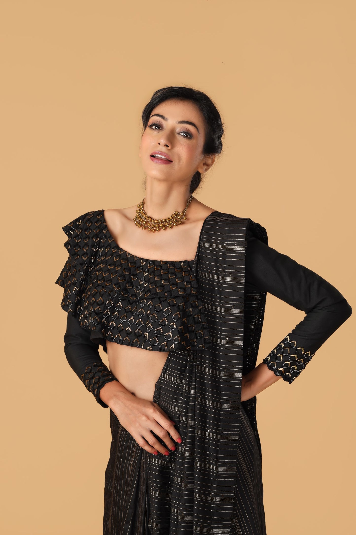 Black Hand Embroidered Tusser Silk Blouse With Pre Drape Saree & Pant