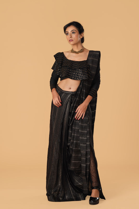 Black Hand Embroidered Tusser Silk Blouse With Pre Drape Saree & Pant