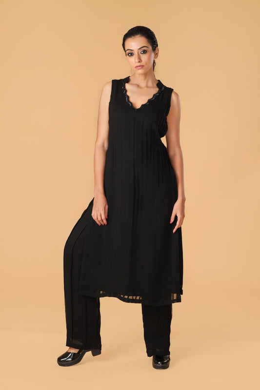 Black Pleated Embroidered Neckline Co-ord Set