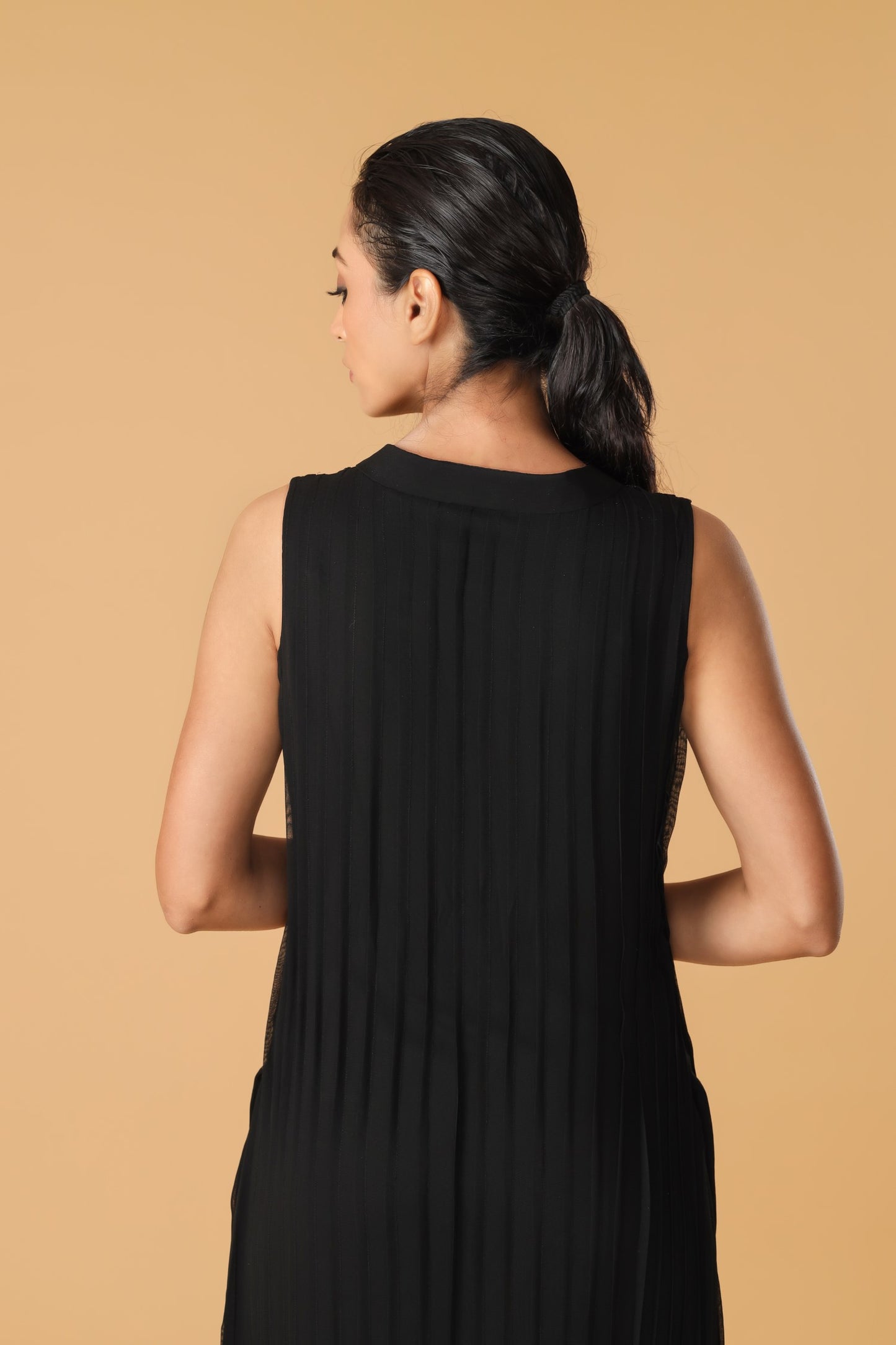 Black Pleated Embroidered Neckline Co-ord Set