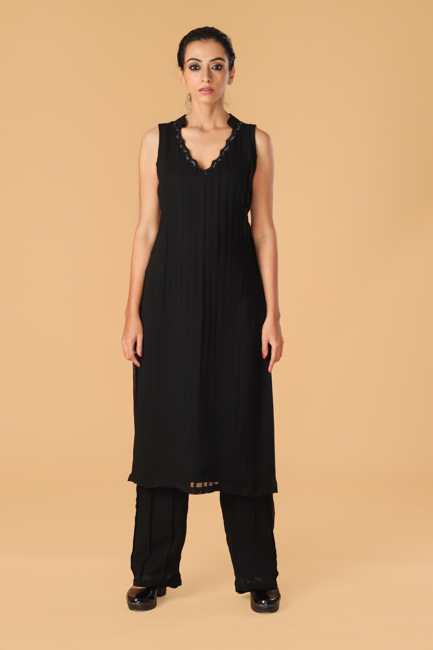 Black Pleated Embroidered Neckline Co-ord Set