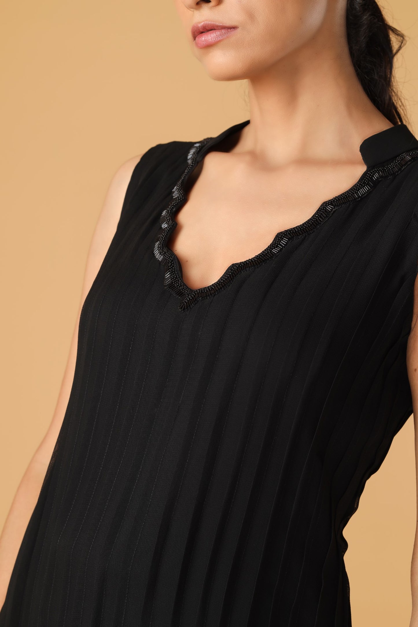 Black Pleated Embroidered Neckline Co-ord Set