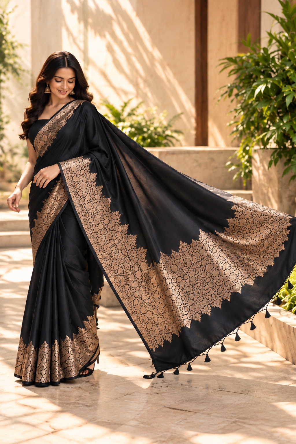  Black Noir Guldasta soft silk saree with antique-gold floral border and pallu