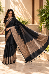  Black Noir Guldasta soft silk saree with antique-gold floral border and pallu