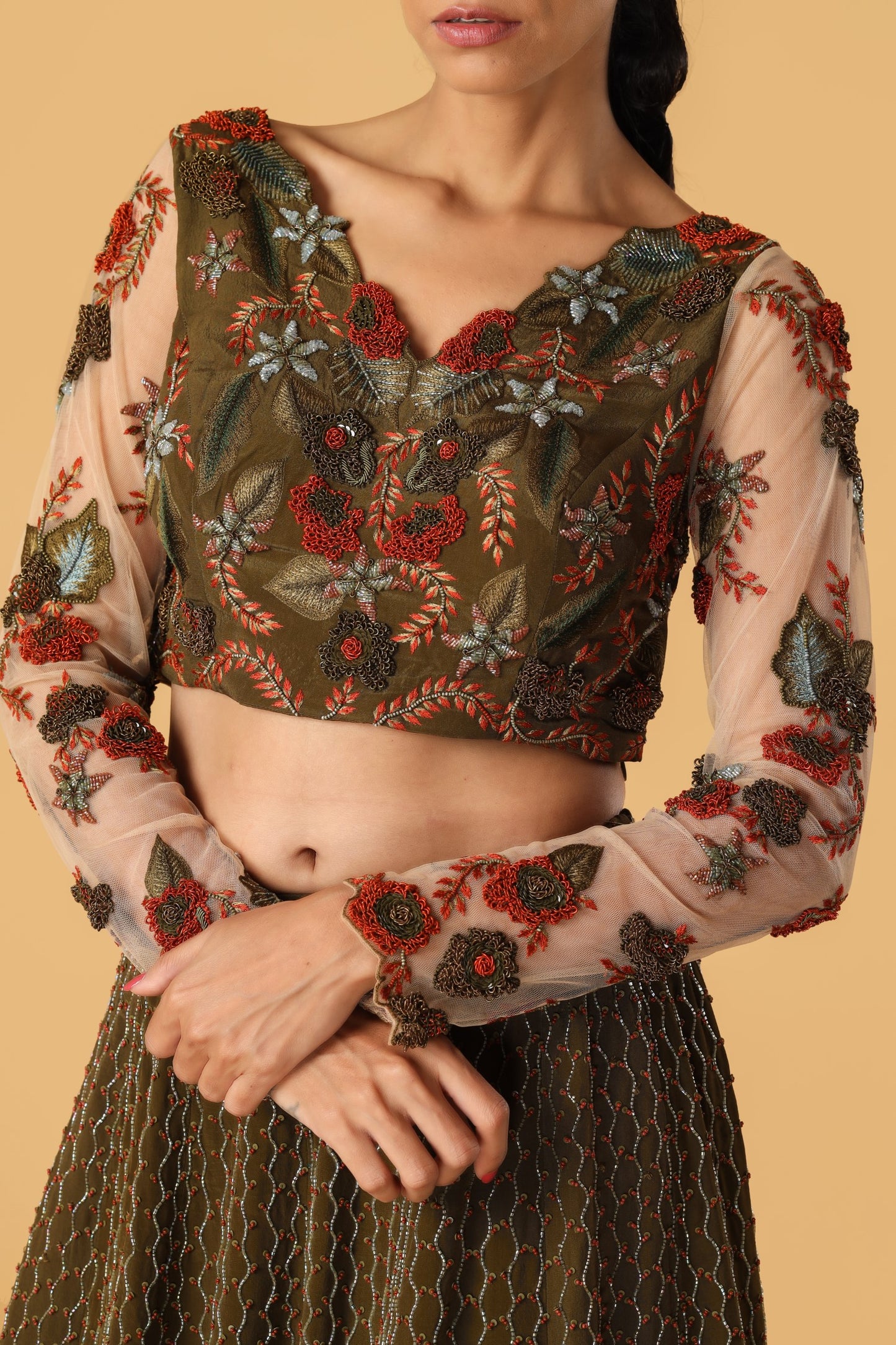 Enchanted Forest Hand Embroidered Olive Green & Orange Playful Kalis Lehenga Set