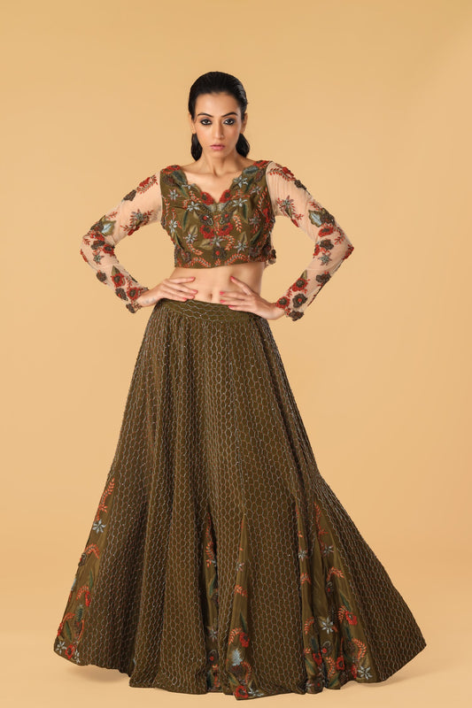 Enchanted Forest Hand Embroidered Olive Green & Orange Playful Kalis Lehenga Set