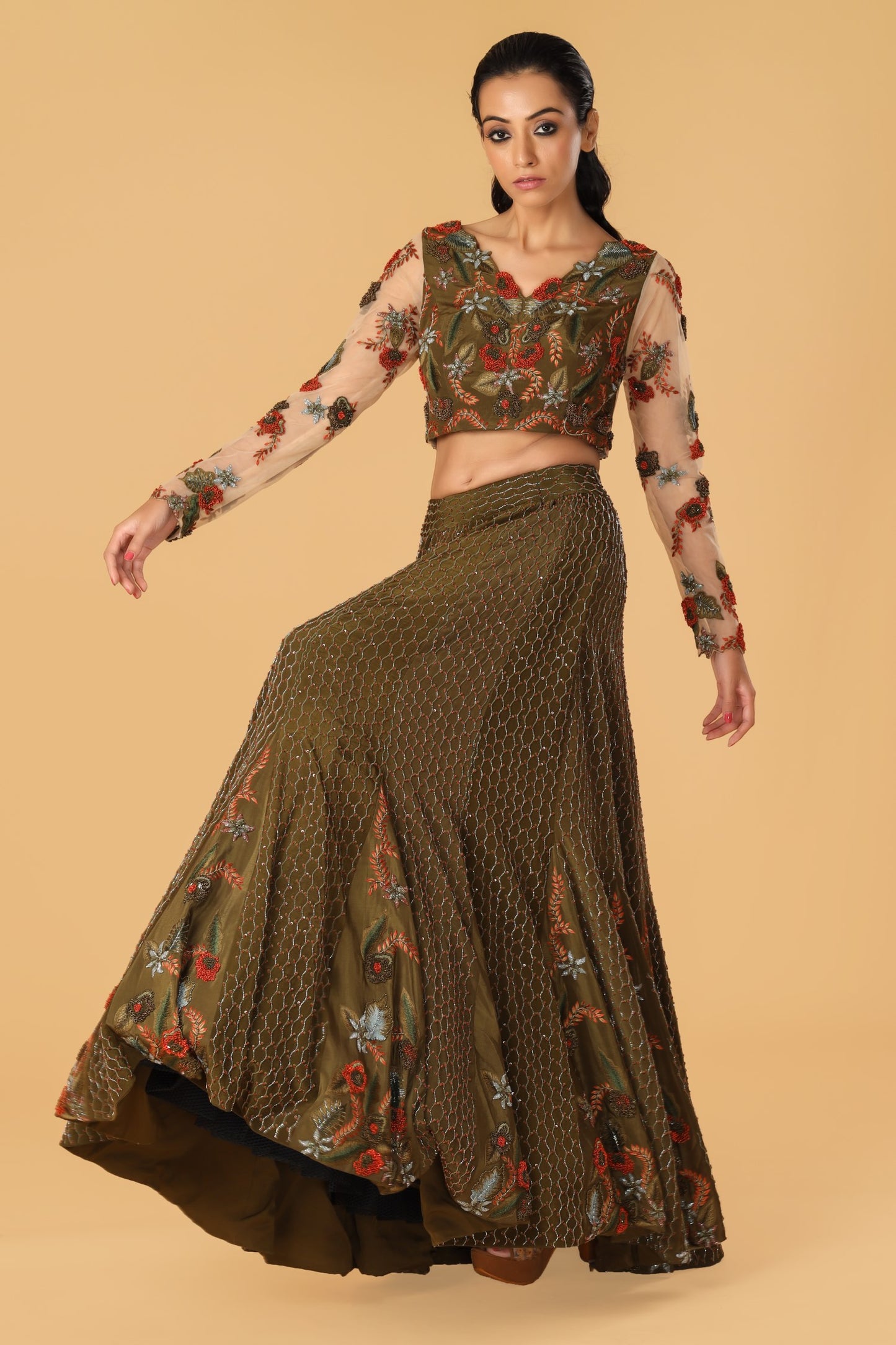 Enchanted Forest Hand Embroidered Olive Green & Orange Playful Kalis Lehenga Set