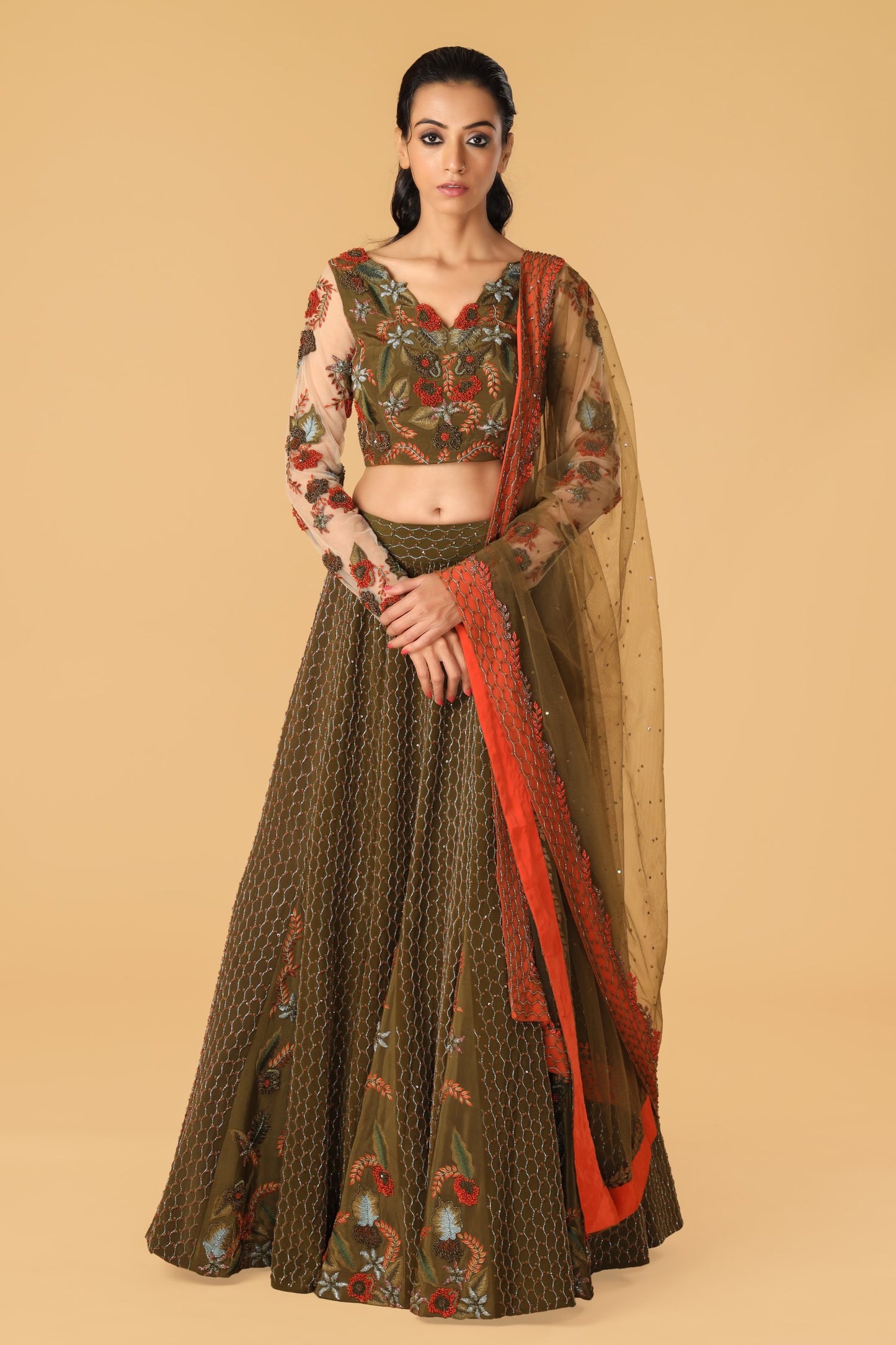 Enchanted Forest Hand Embroidered Olive Green & Orange Playful Kalis Lehenga Set