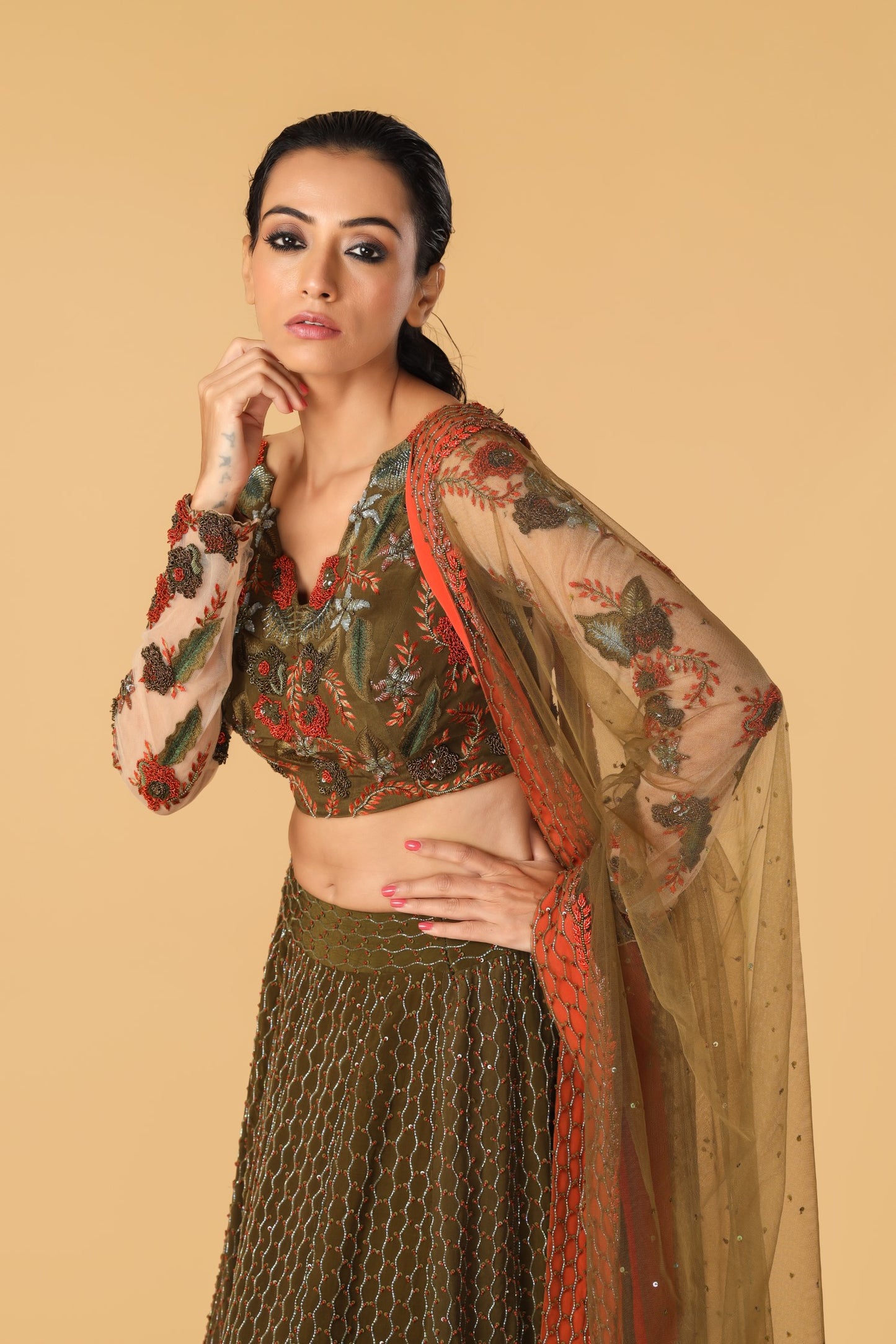 Enchanted Forest Hand Embroidered Olive Green & Orange Playful Kalis Lehenga Set