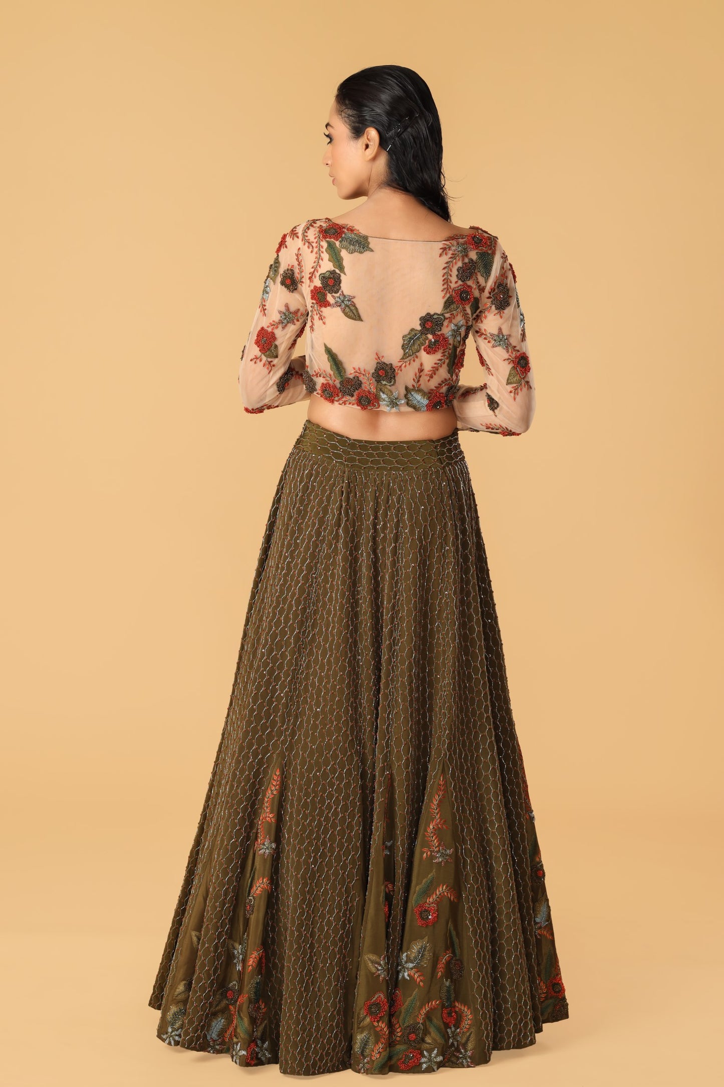 Enchanted Forest Hand Embroidered Olive Green & Orange Playful Kalis Lehenga Set