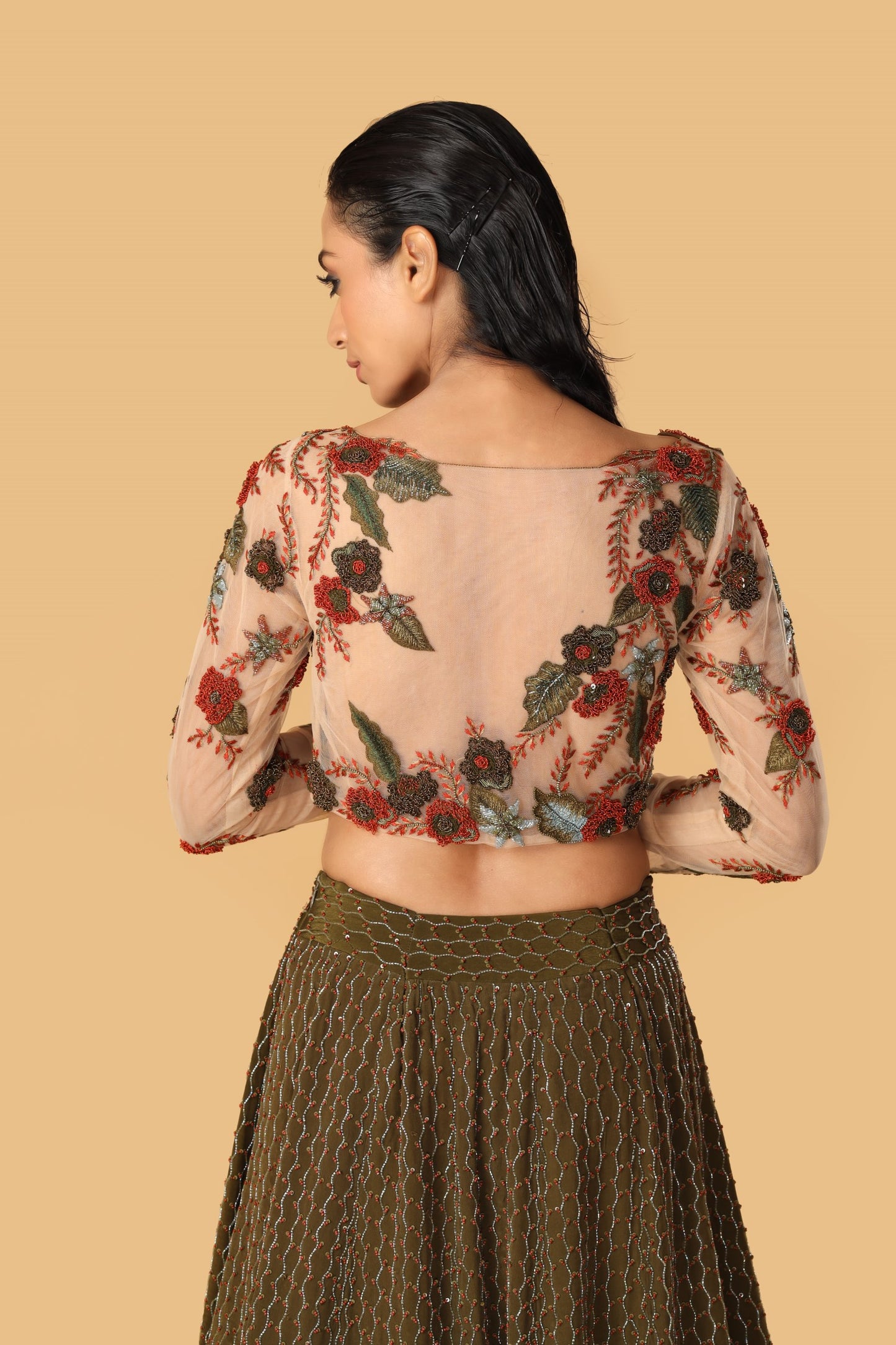 Enchanted Forest Hand Embroidered Olive Green & Orange Playful Kalis Lehenga Set