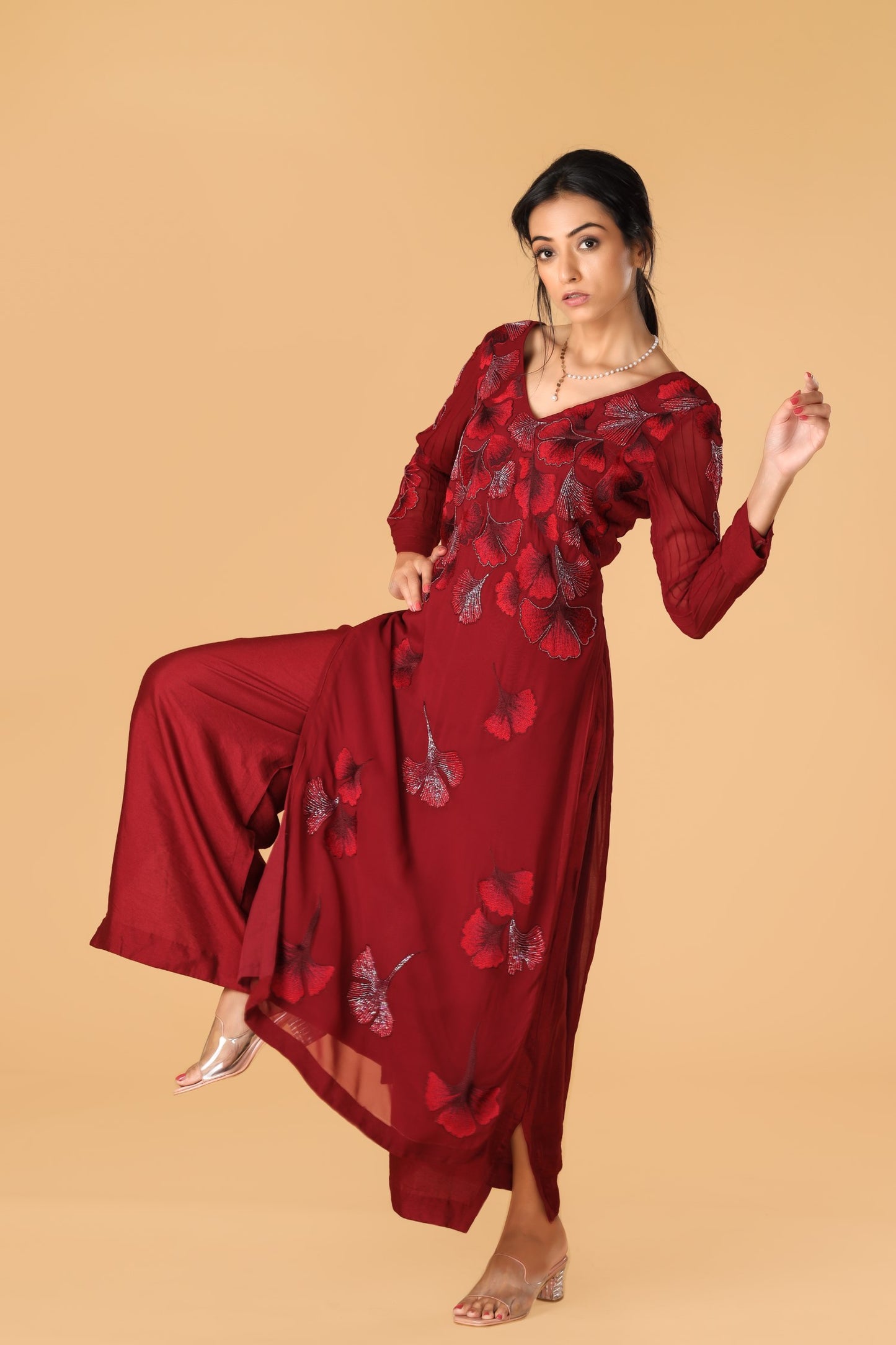 Enchanted Forest Hand Embroidered Maroon Kurta Set