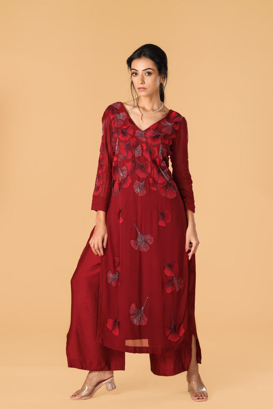 Enchanted Forest Hand Embroidered Maroon Kurta Set