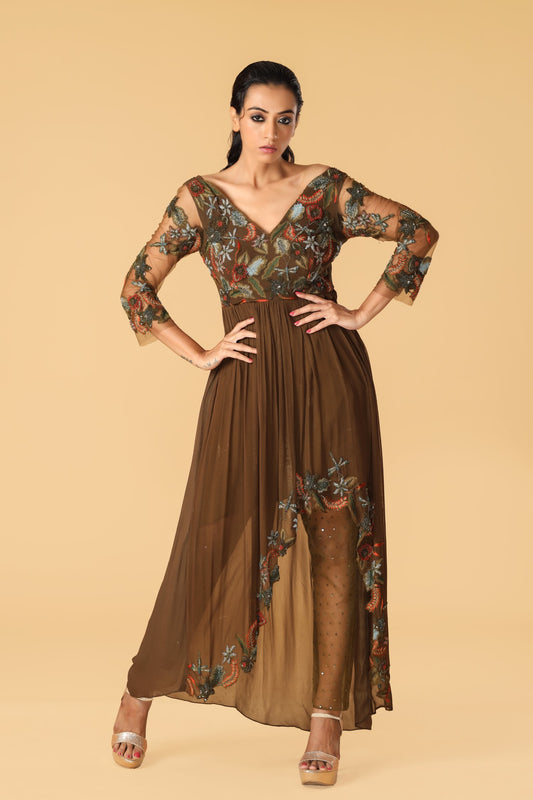 Enchanted Forest Hand Embroidered Olive Green & Orange Assymetrical Gown