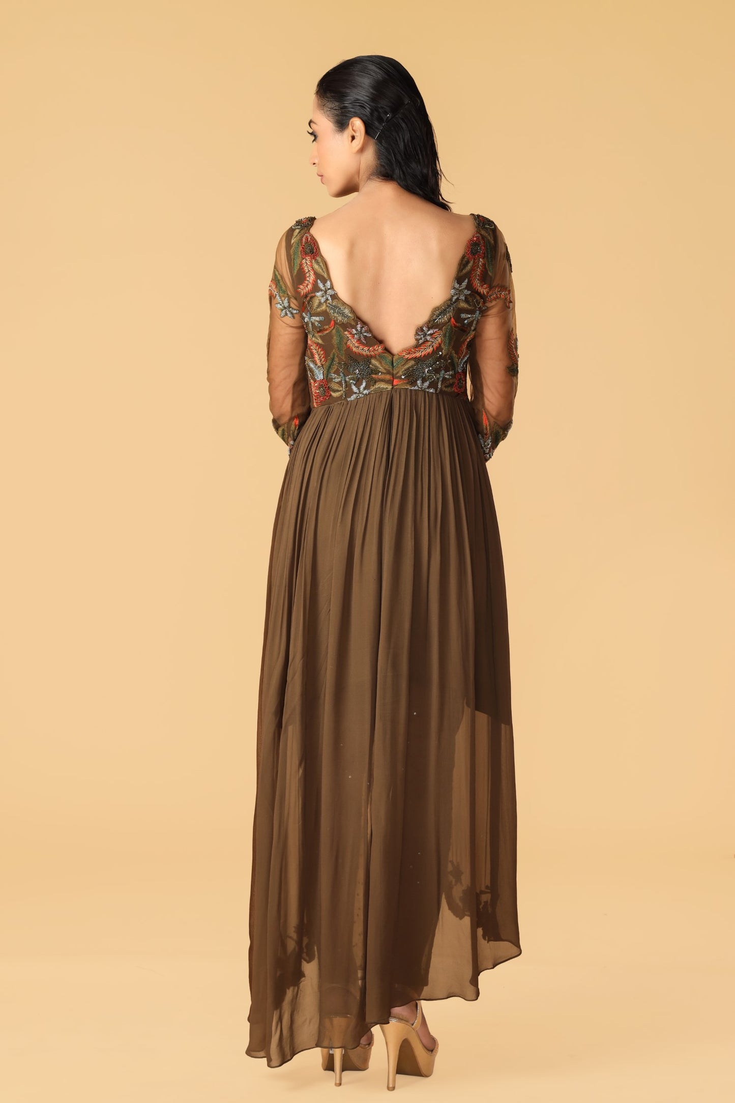 Enchanted Forest Hand Embroidered Olive Green & Orange Assymetrical Gown