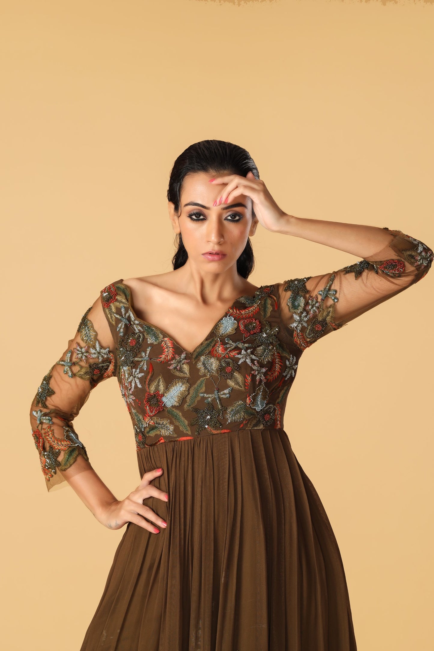 Enchanted Forest Hand Embroidered Olive Green & Orange Assymetrical Gown