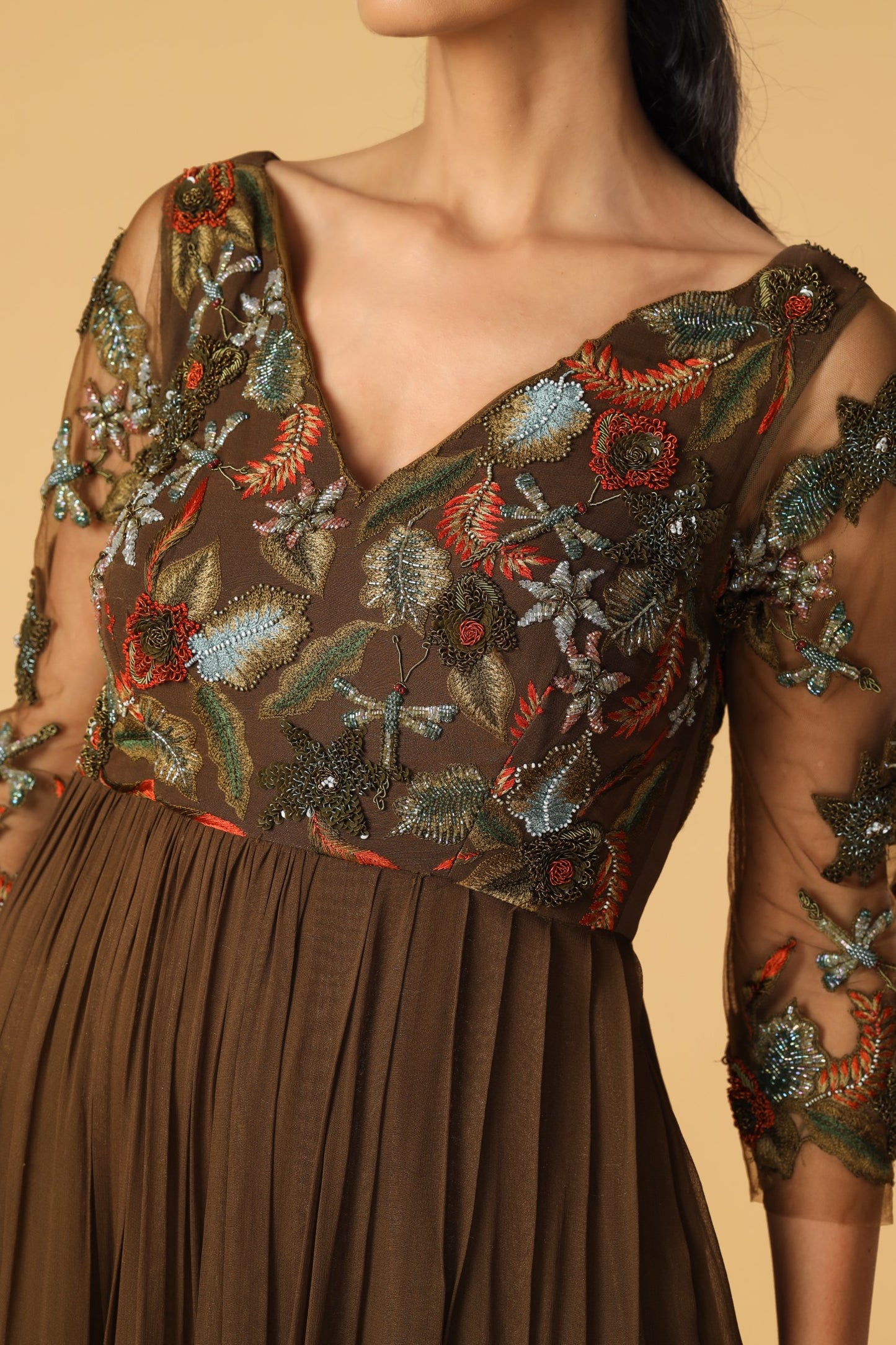 Enchanted Forest Hand Embroidered Olive Green & Orange Assymetrical Gown