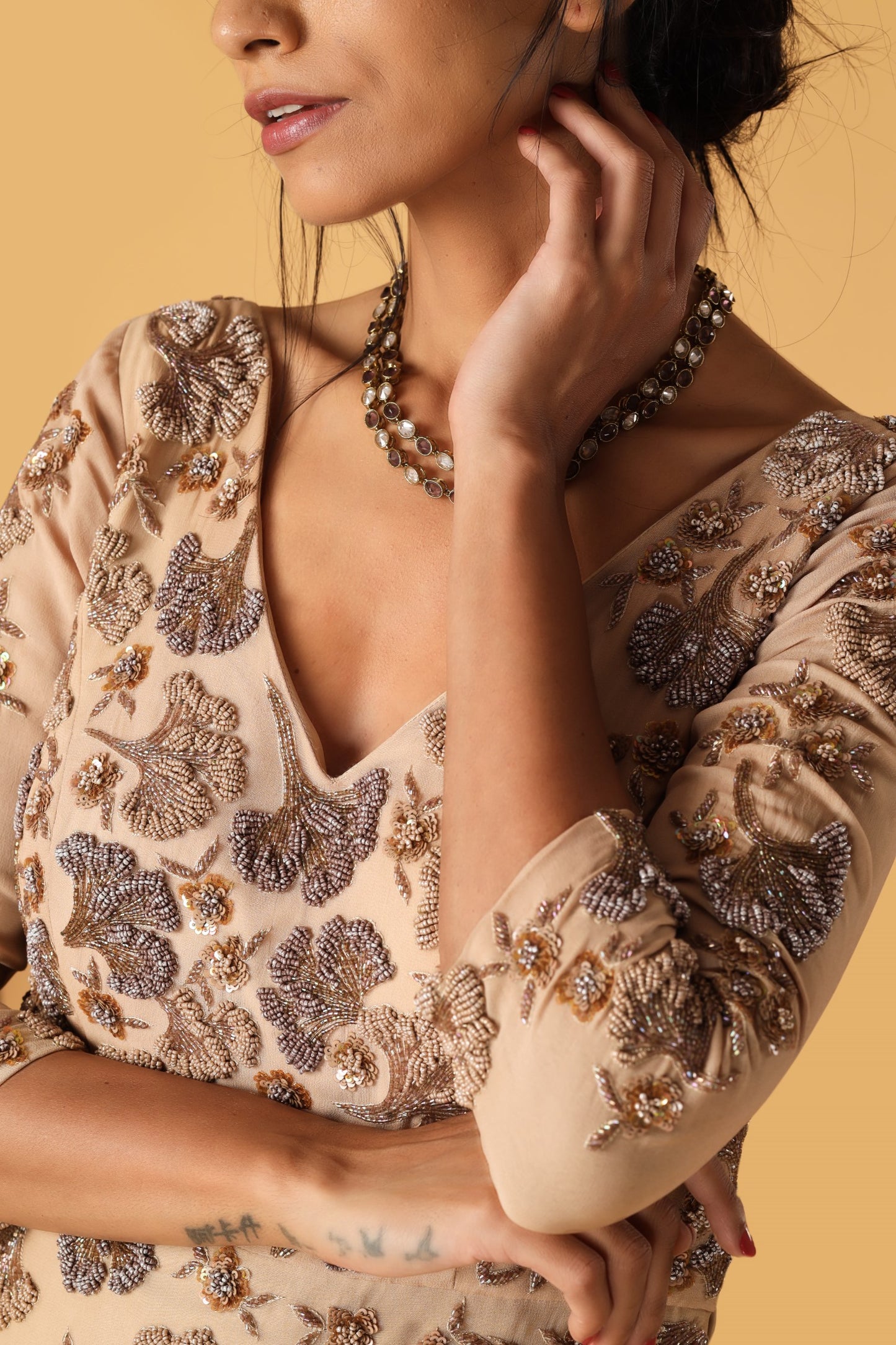 Hand Embroidered Beige Colour Sharara Set