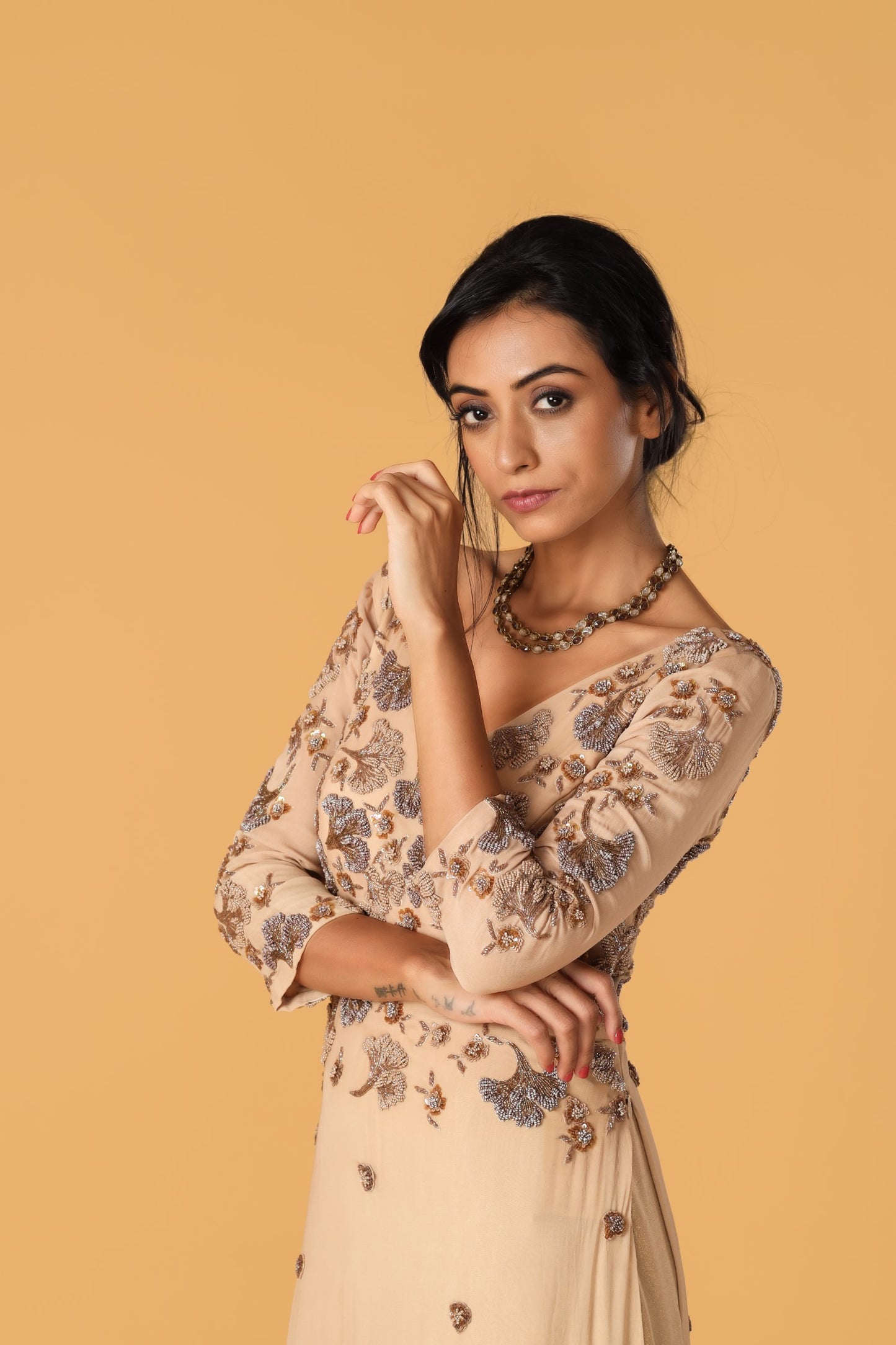 Hand Embroidered Beige Colour Sharara Set