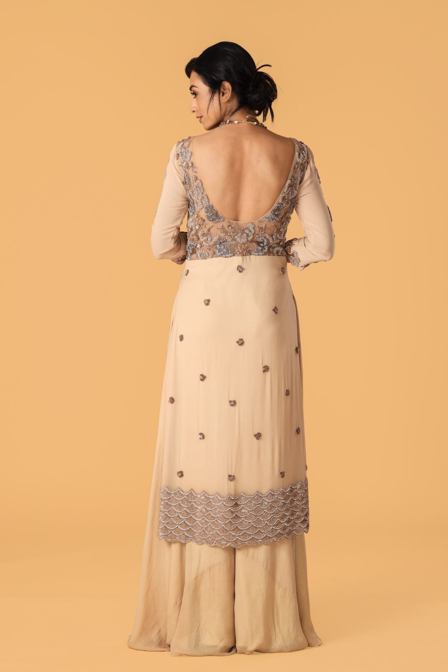 Hand Embroidered Beige Colour Sharara Set