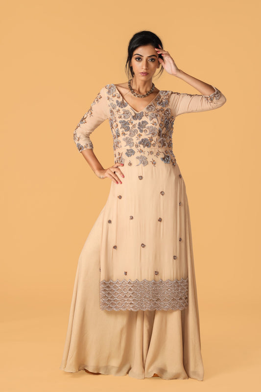 Hand Embroidered Beige Colour Sharara Set
