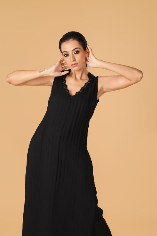 Hand Embroidered Neckline Black Pleated Kurta