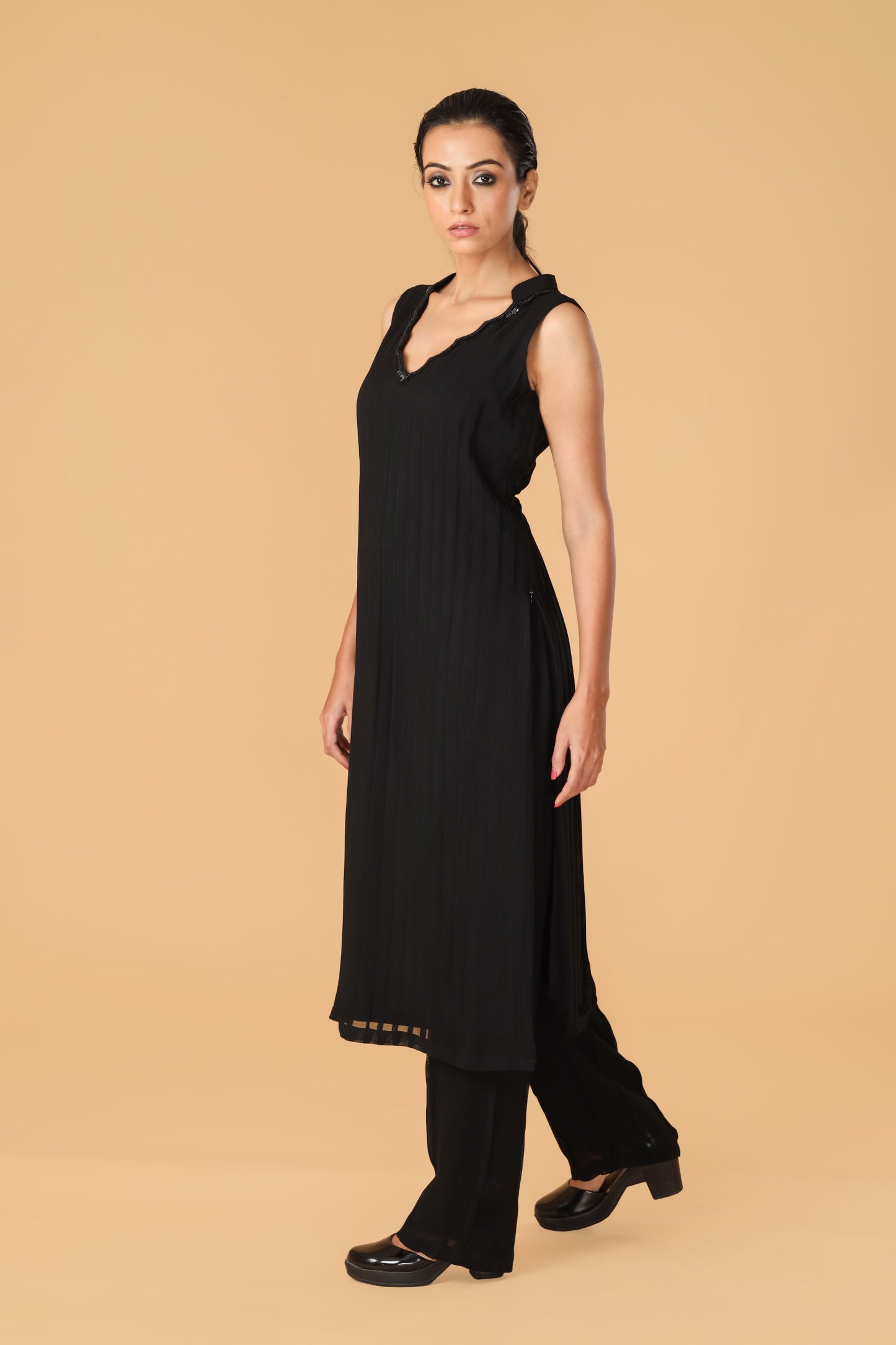 Hand Embroidered Neckline Black Pleated Kurta
