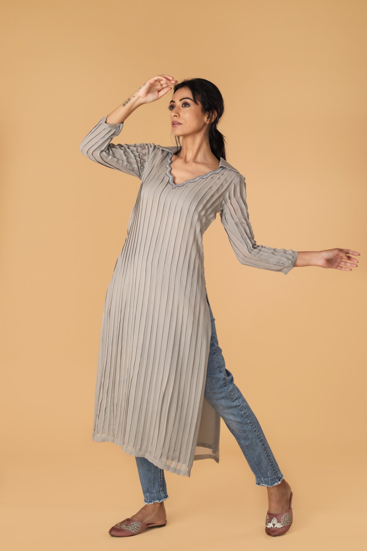 Hand Embroidered Neckline Greyish Blue Pleated Kurta