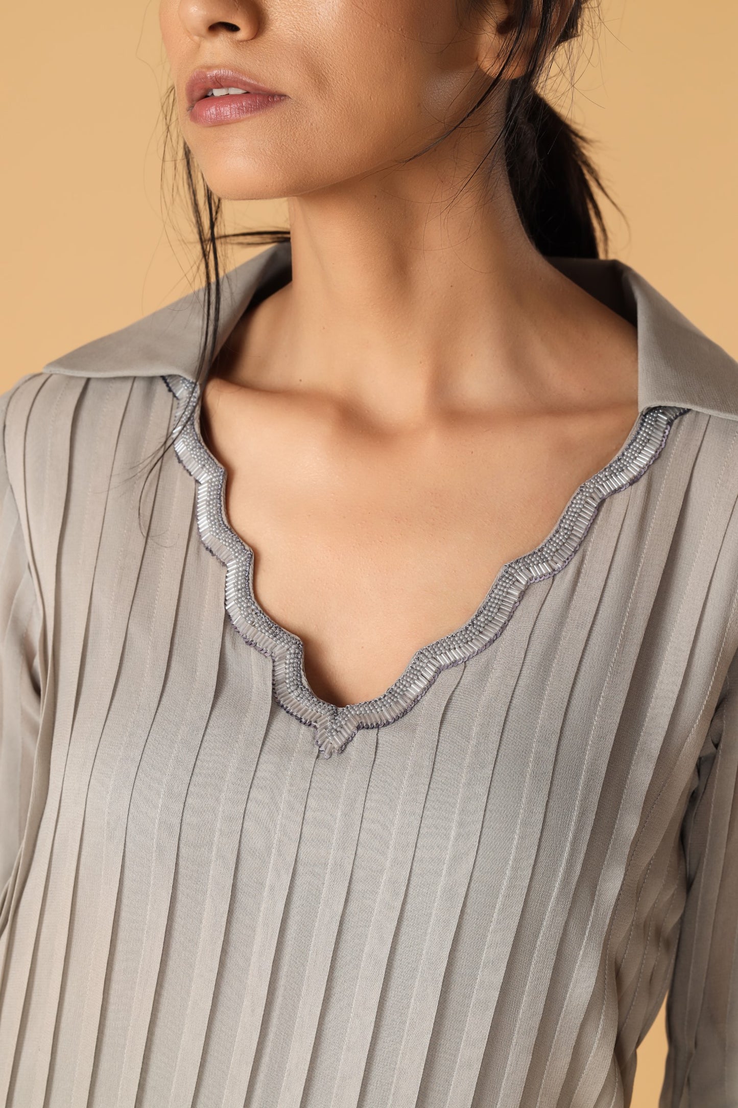 Hand Embroidered Neckline Greyish Blue Pleated Kurta