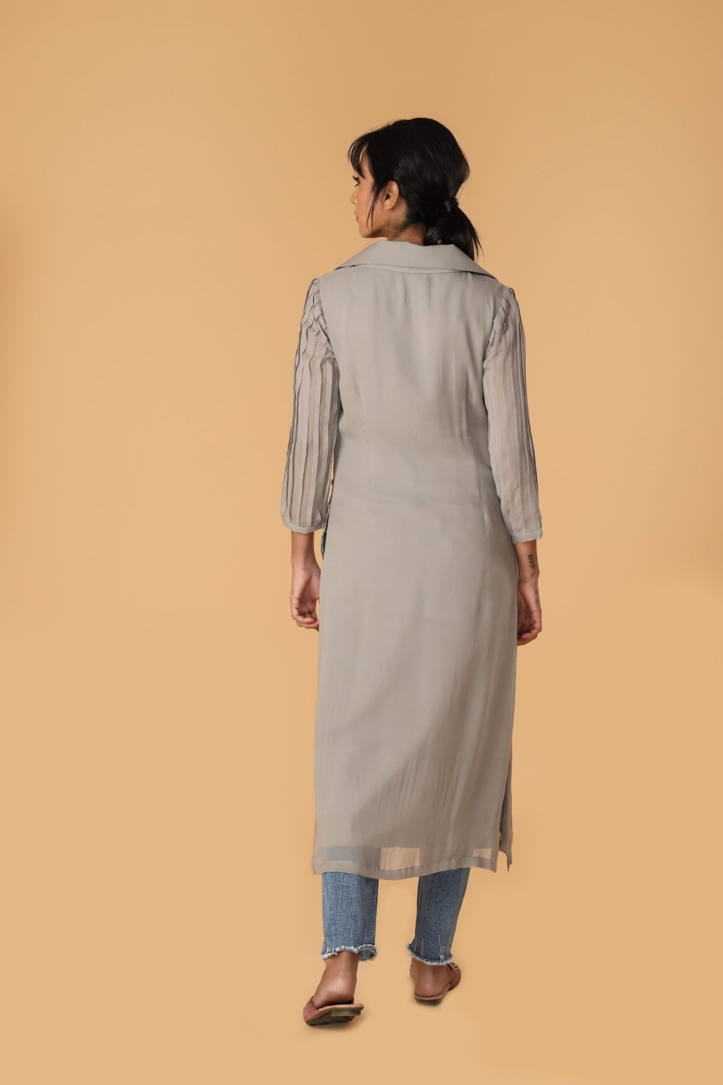 Hand Embroidered Neckline Greyish Blue Pleated Kurta