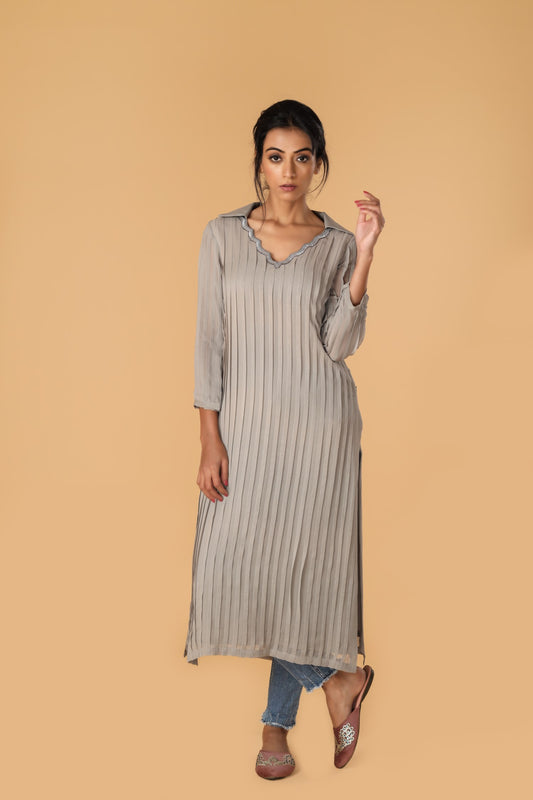 Hand Embroidered Neckline Greyish Blue Pleated Kurta